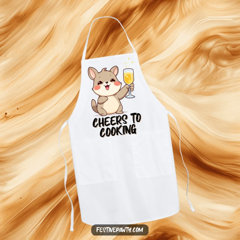 Funny cooking apron with a delighted animal character raising a glass of fizzy drink in a toast, perfect for hosting.