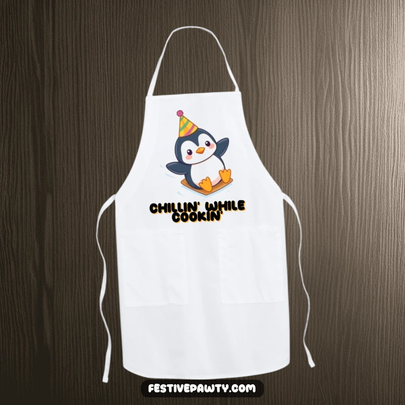 Funny apron featuring a penguin in a party hat, sliding down an icy slope, perfect for a festive cooking experience.