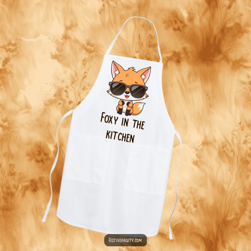 Funny apron featuring a giggling fox in oversized sunglasses striking a diva pose, perfect for stylish chefs.
