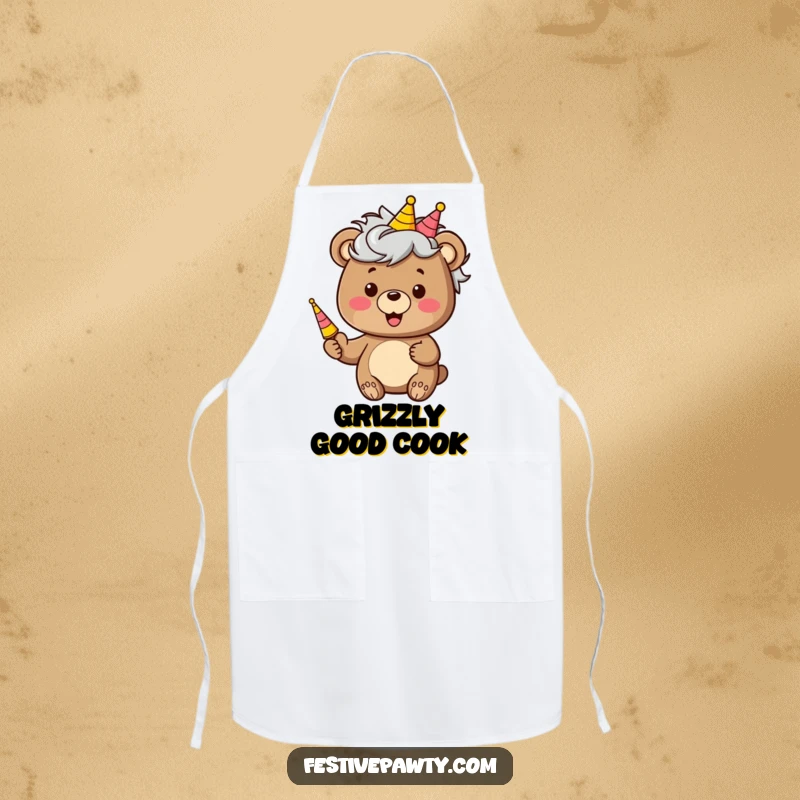 Funny apron with a bear character wearing a silly wig and holding a party horn, ready to add cheer to any culinary task.