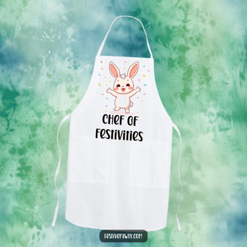 Funny Bunny Apron: A practical kitchen accessory featuring a joyful bunny character dancing with confetti raining down, perfect for festive cooking.