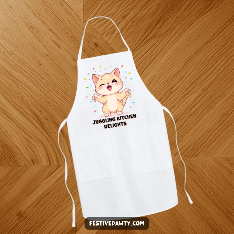 Funny cat character juggling colorful confetti with its paws, on an apron, for a humorous and practical accessory.