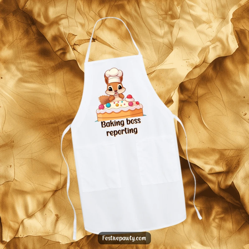 Funny apron featuring a mischievous squirrel in a chef hat, decorating a massive cake, a practical gift.