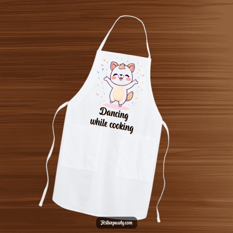 Funny animal character apron in a dancing pose with confetti, perfect for festive kitchen activities.