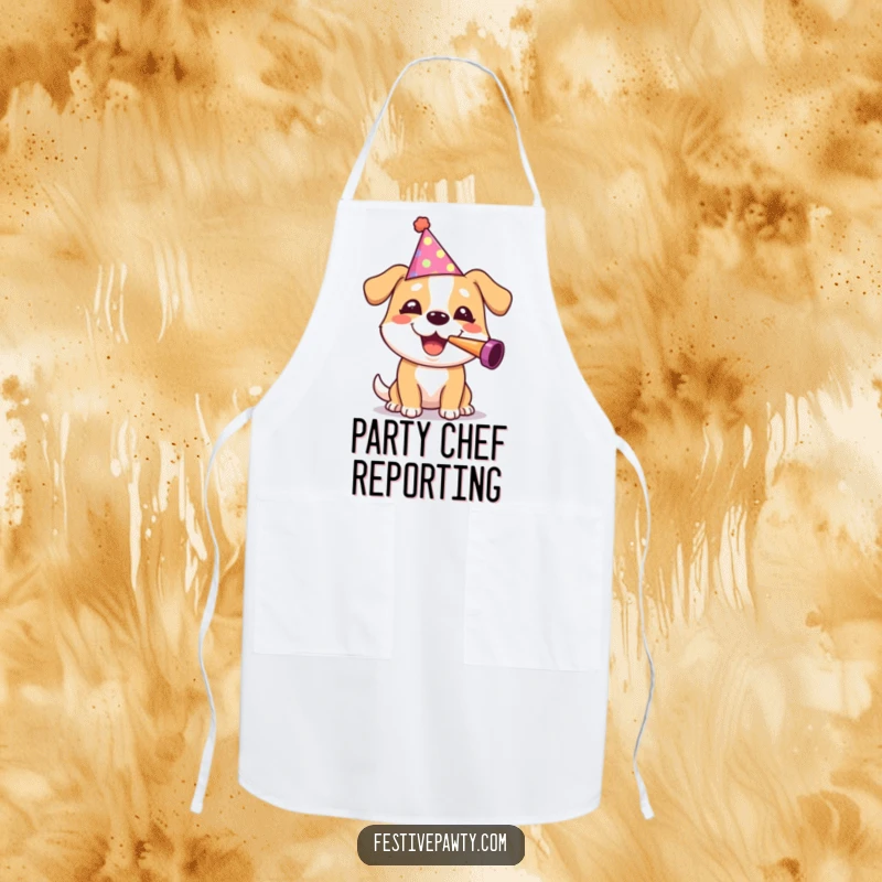 Funny dog wearing a party hat, gleefully blowing a noisemaker, on an apron, for a humorous and practical kitchen accessory.