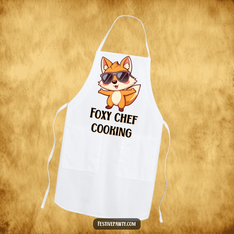 Funny apron with a playful fox character wearing large sunglasses and grooving, adding a cool vibe to kitchen tasks.
