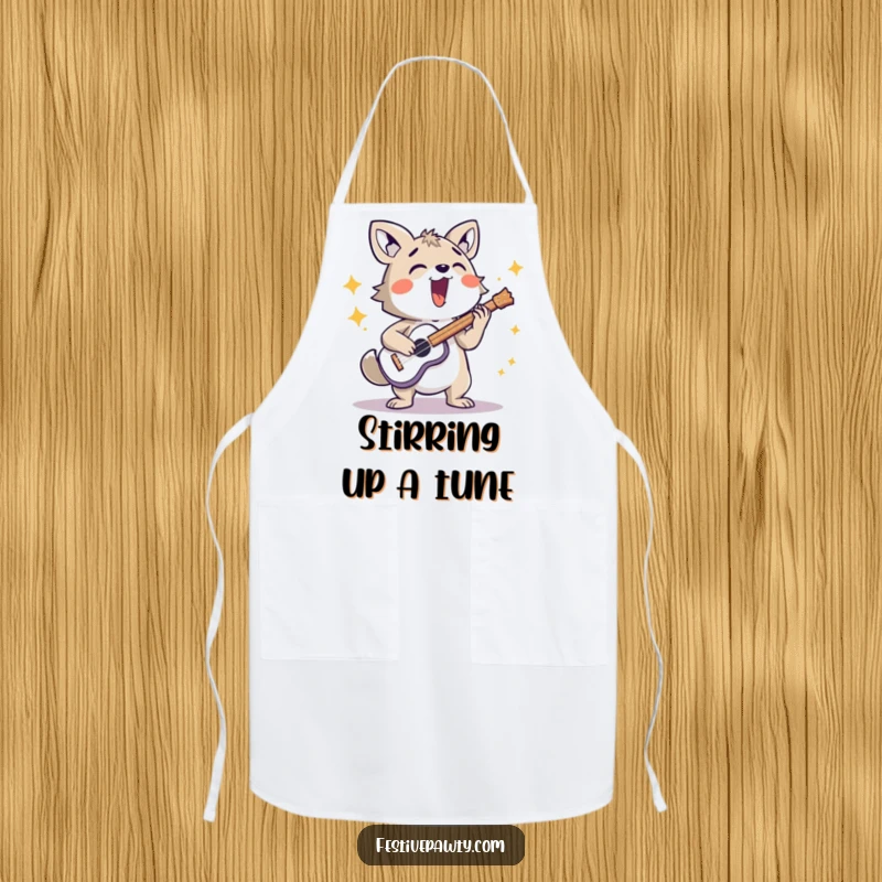 Funny cooking apron with an energetic animal character playing a loud musical instrument, perfect for kitchen performances.