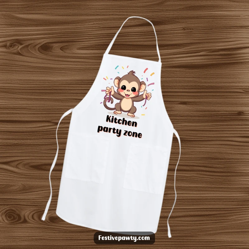 Funny Apron: A playful monkey tosses streamers, designed for kitchen fun and protection with a splash of festive humor.