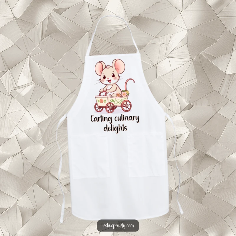 Funny Mouse Apron with a delighted mouse character riding in a tiny, decorated cart, bringing whimsical charm to kitchen activities.
