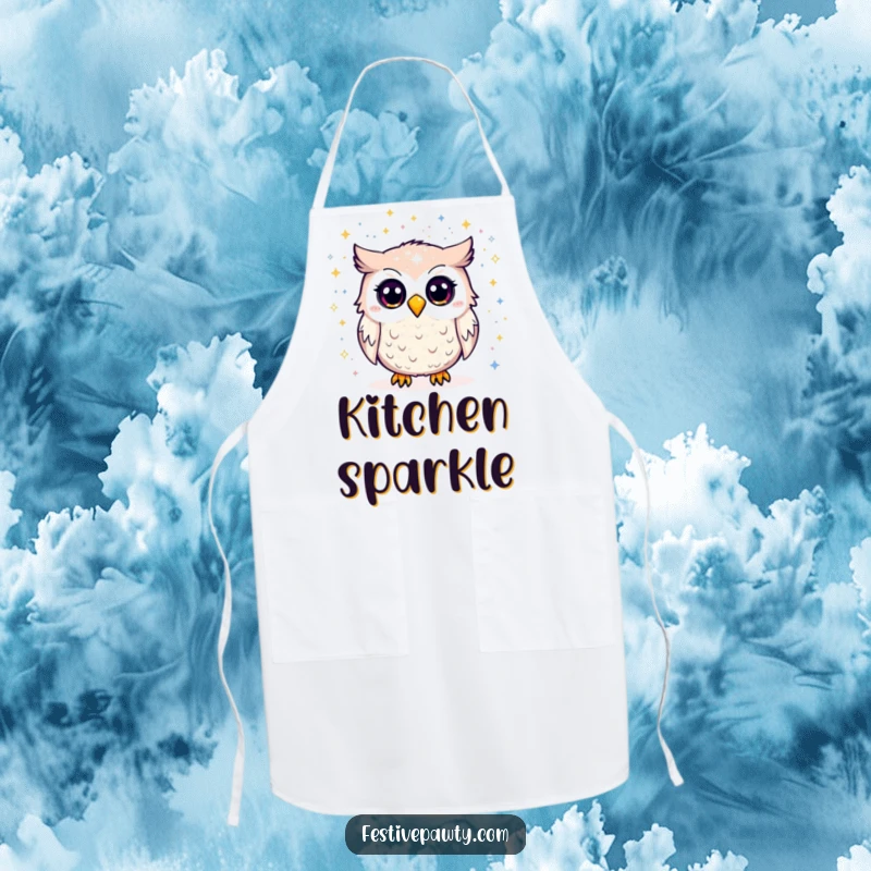 Funny Apron: A comically surprised owl is showered with glitter, designed for kitchen fun and protection with a dazzling, humorous flair.