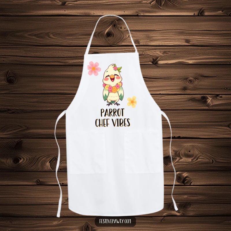 Funny Parrot Apron with a giggling parrot wearing a festive lei, bringing tropical cheer and humor to kitchen activities.