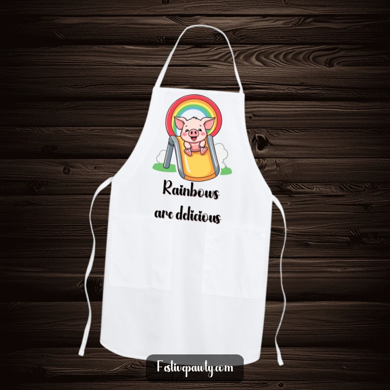 Funny Apron: A cheerful pig slides down a vibrant rainbow, designed for kitchen fun and protection with a humorous flair.