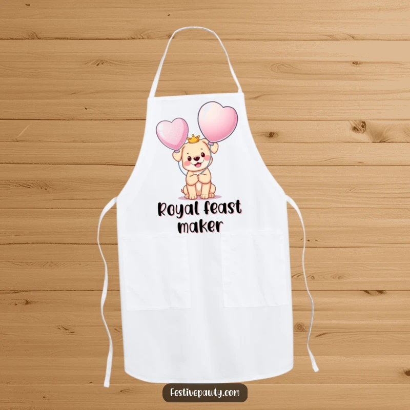 Funny Apron showcasing a happy puppy wearing a tiny crown, holding a giant glittering balloon, adding fun to any cooking or baking session.