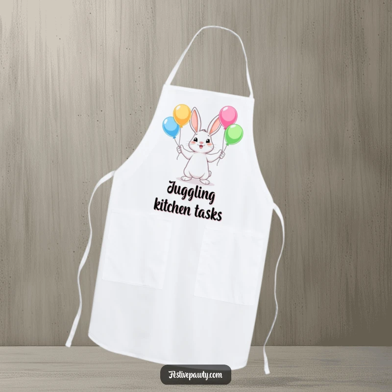 Funny Rabbit Apron featuring a cute rabbit character juggling colorful balloons with all four paws, ideal for a playful cooking experience.
