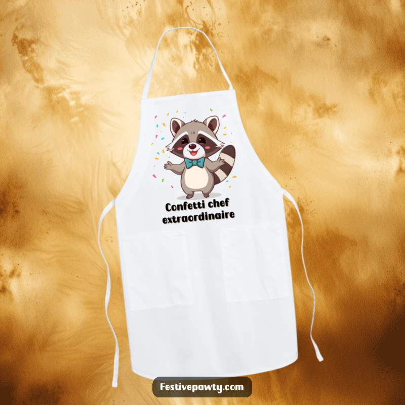 Funny apron featuring a delighted raccoon in a bowtie, juggling confetti while cooking, a humorous and practical gift.