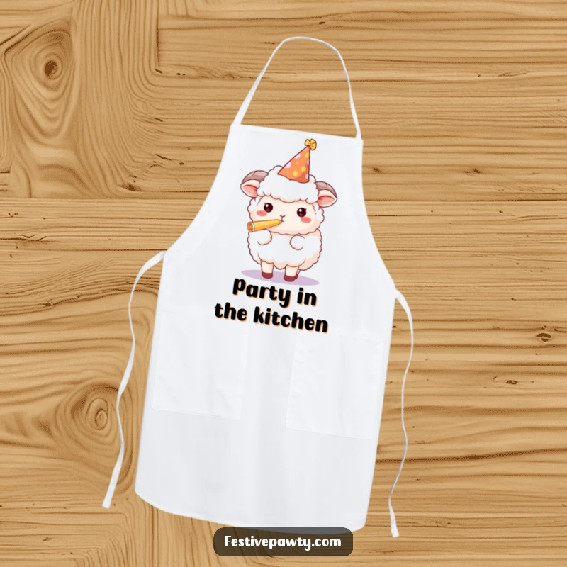 Funny sheep apron showing a fluffy character wearing a party hat and blowing a horn, ideal for adding humor to kitchen activities.
