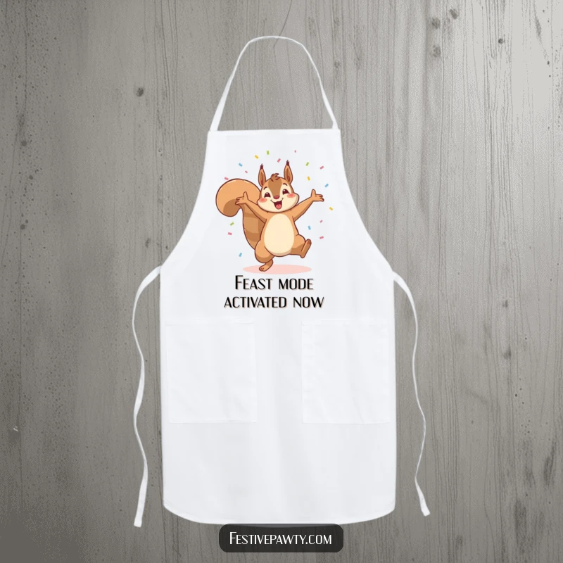 Funny apron showcasing a squirrel doing a cartwheel amidst a festive confetti explosion, perfect for a joyful cooking experience.