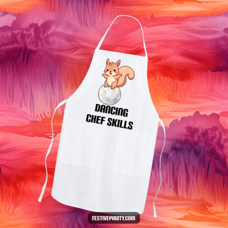 Funny Apron: A playful squirrel character dancing energetically on a disco ball, perfect for a lively kitchen.