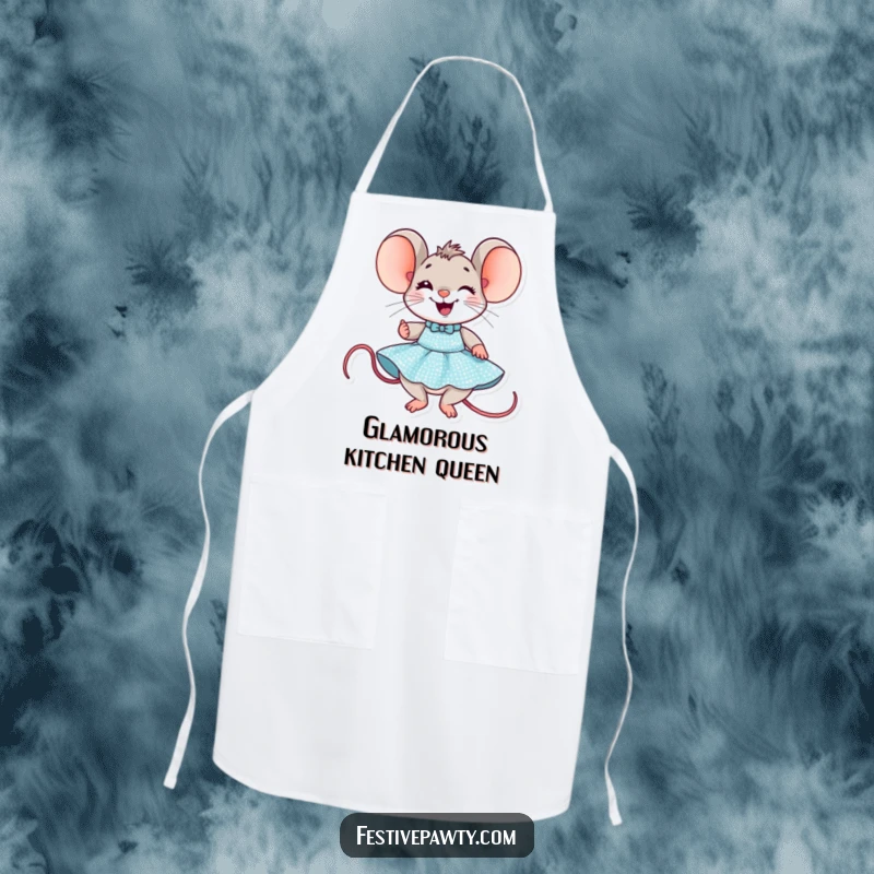 Funny Mouse Party Apron: A delighted mouse grins widely while trying on a sequined party dress, ready for culinary celebrations.