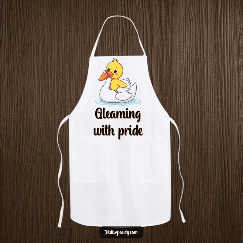 Funny Apron: A gleeful duck rides an inflatable swan, designed for kitchen fun and protection with a splash of summer humor.