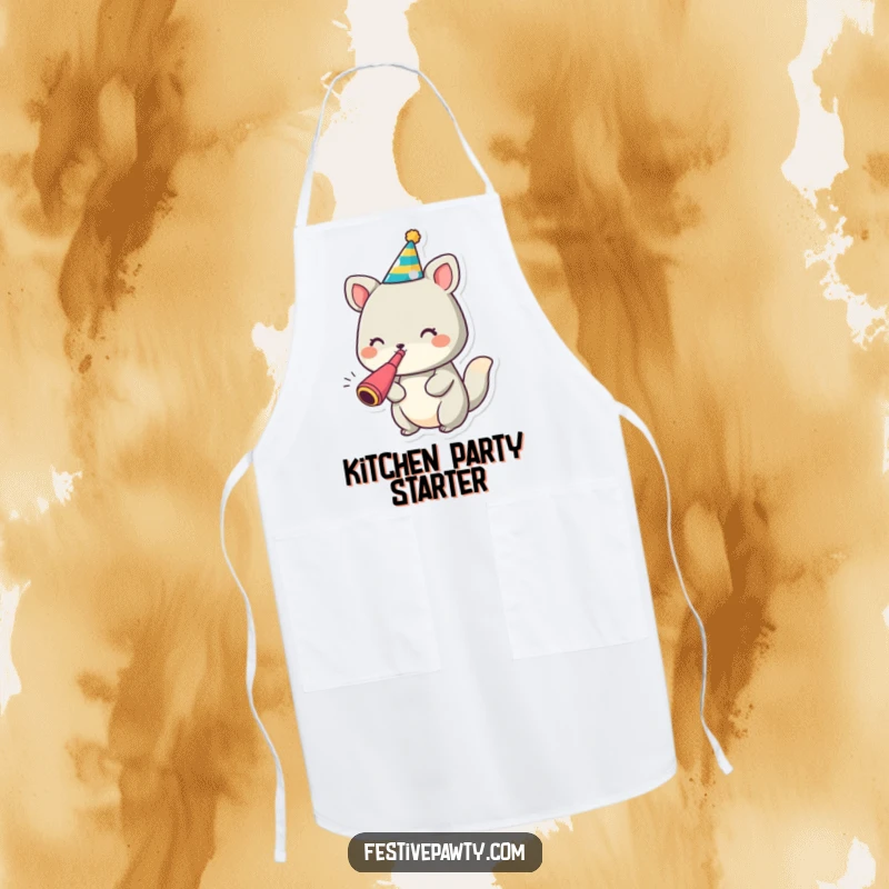 Funny animal character apron with a party hat and noisemaker, ready for festive cooking and baking.