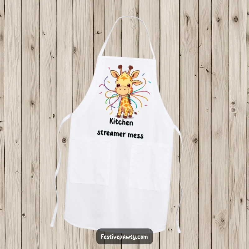 Funny apron featuring a giggling giraffe comically entangled in colorful streamers, ready for a festive cooking experience.