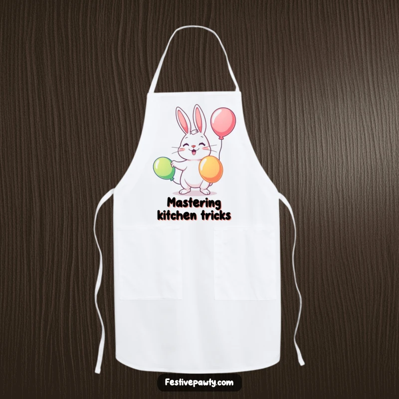 Funny apron depicting a rabbit juggling colorful balloons while cooking, adding a whimsical and humorous element to kitchen tasks.