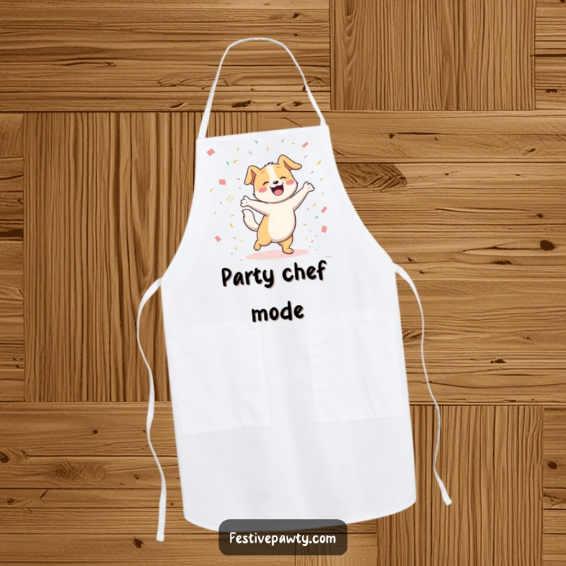 Funny joyful dog character happily dancing with its tail wagging furiously amongst colorful confetti on a functional kitchen apron. A funny and festive item.