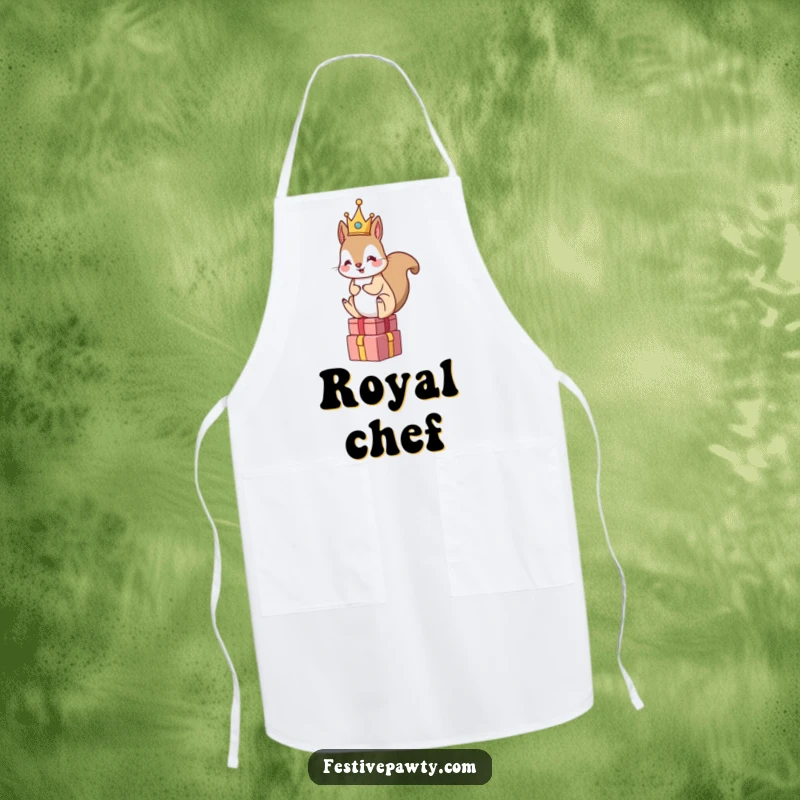 Funny Squirrel King Apron: A crowned squirrel sits atop a stack of gifts, adding royal humor to kitchen tasks.