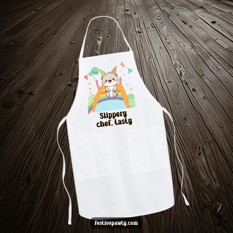 Funny Otter Apron: A cheerful otter is shown sliding happily down a rainbow, adding fun to any kitchen task.