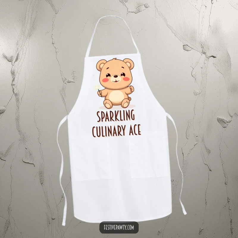 Funny Bear Apron featuring a smiling bear character holding a brightly lit sparkler, ideal for a festive cooking experience.