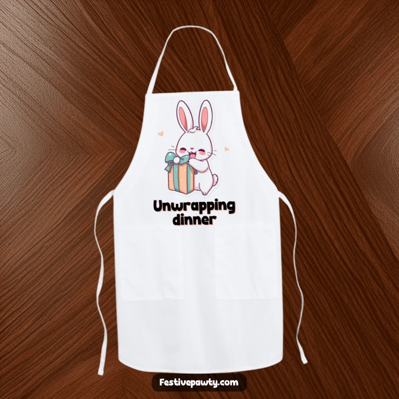 Funny rabbit apron showing a cartoon bunny excitedly unwrapping a present, perfect for adding cheer to meal prep.