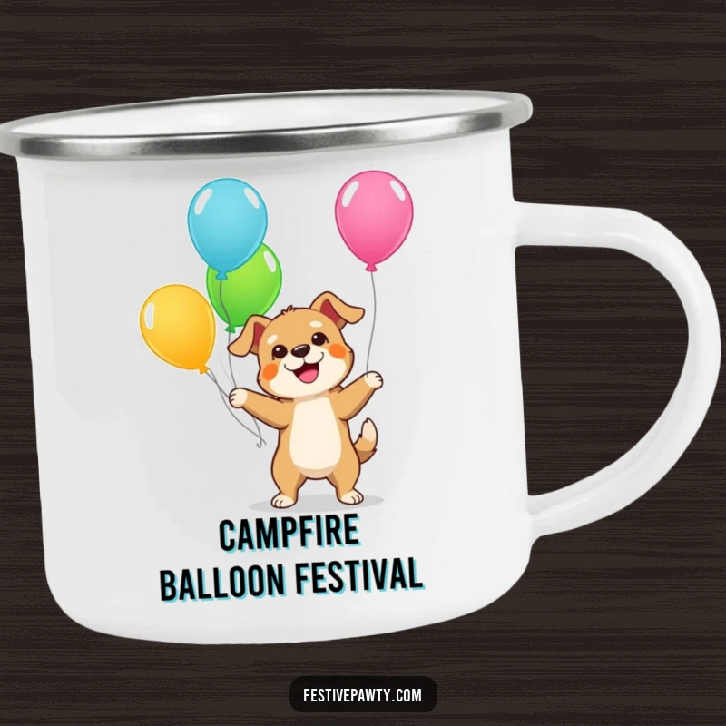 Funny Dog Camp Mug: A sturdy enamel mug featuring a giddy dog energetically juggling colorful balloons, perfect for outdoor enthusiasts.