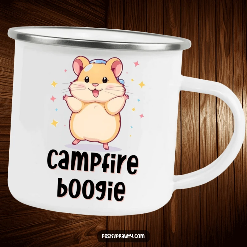 Funny Camping Mug featuring a playful hamster in a disco ball costume, mid-dazzling spin, built for adventure and radiating disco energy.