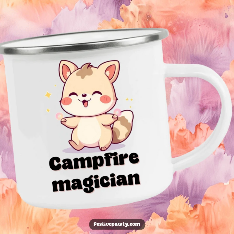 Funny camping mug showing a happy cartoon animal juggling illuminated party lights, ideal for outdoor enthusiasts to enjoy drinks with a festive touch.