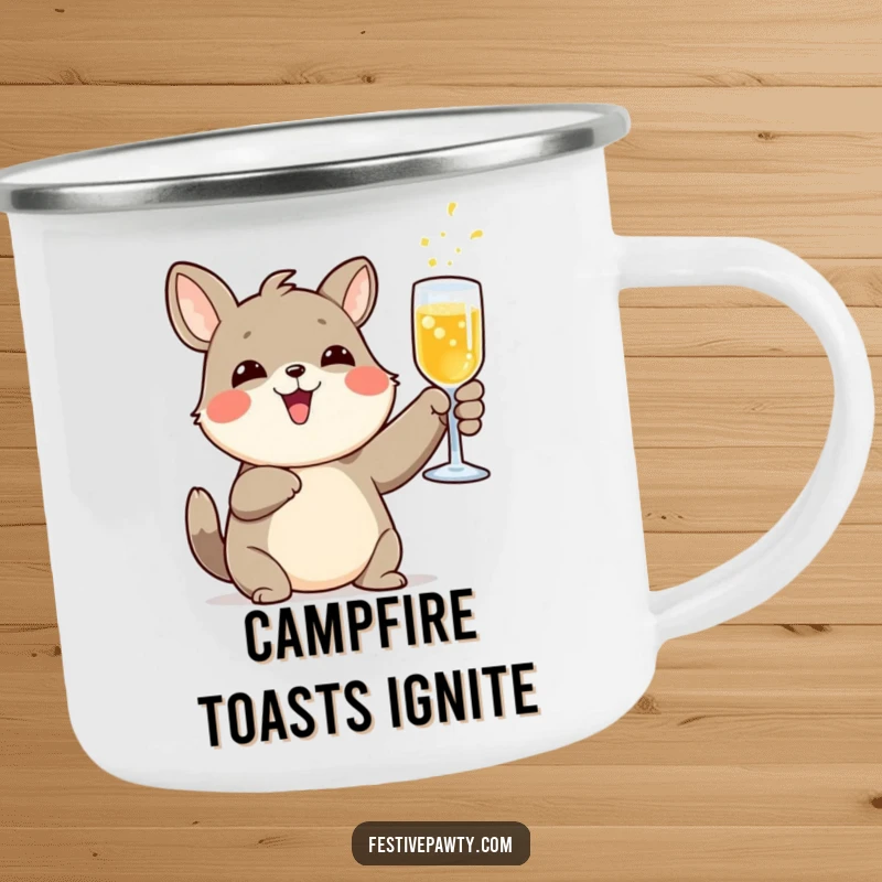 Funny camping mug with a delighted animal character raising a fizzy drink glass in a toast around a campfire.