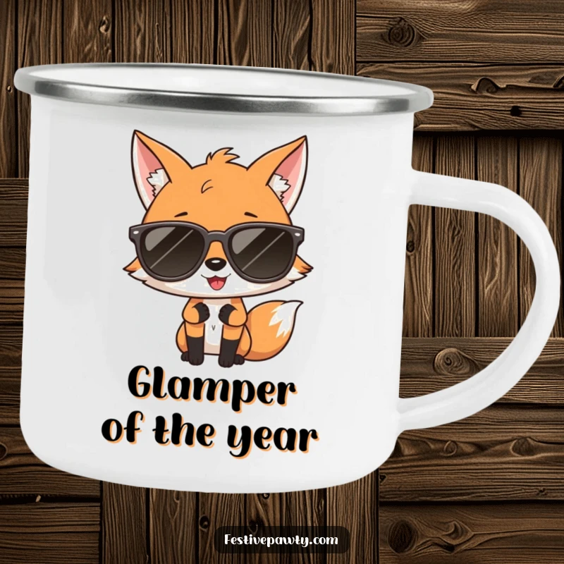 Funny camping mug featuring a giggling fox in oversized sunglasses striking a diva pose, adding glamour to outdoor drinks.