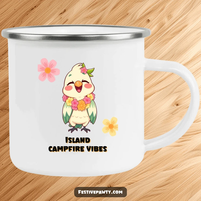 Funny Parrot Camping Mug with a giggling parrot wearing a festive lei, adding tropical cheer and humor to outdoor adventures.