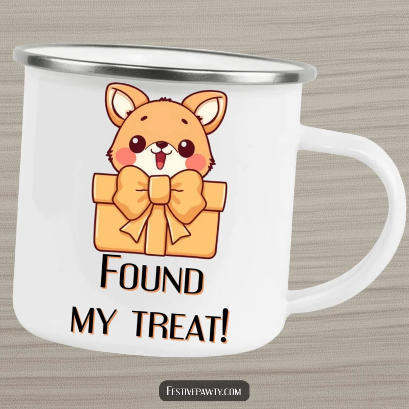 Funny camping mug with a surprised animal character peeking from behind a giant gift bow, perfect for outdoor surprises.