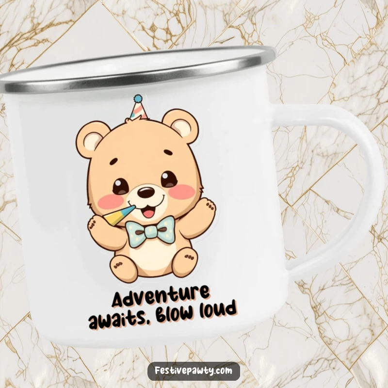 Funny camping mug with a happy bear cub in a bowtie, enthusiastically blowing a party horn, ready for outdoor celebrations.