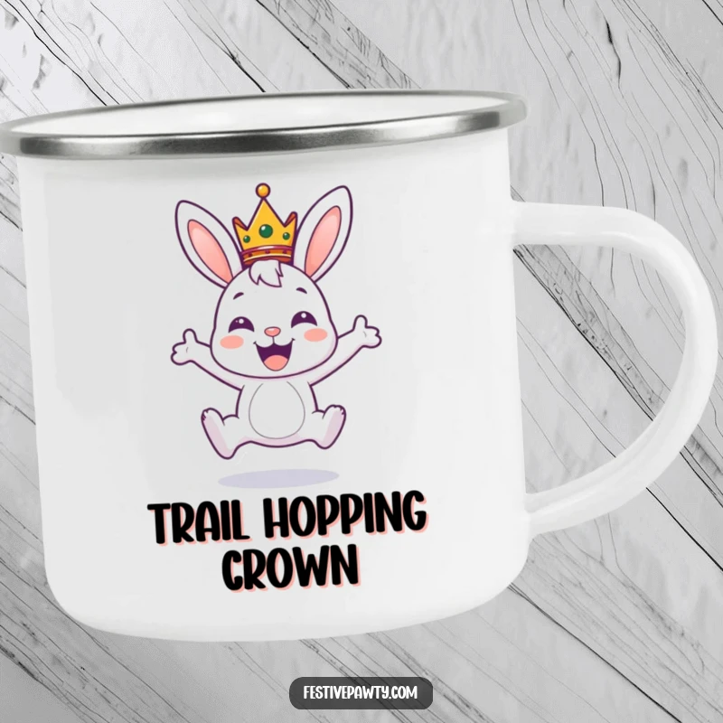 Funny camping mug with a crowned bunny character leaping joyfully, ideal for enjoying beverages on royal outdoor excursions.