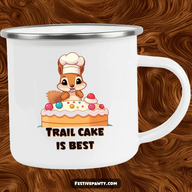 Funny camping mug with a squirrel in a chef hat, decorating a huge cake, ideal for outdoor fun.