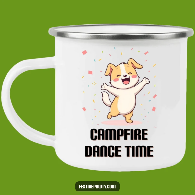Funny Dog Dancing Camping Mug: Joyful Pooch Wagging Tail in Confetti, Outdoor Fun Gift!