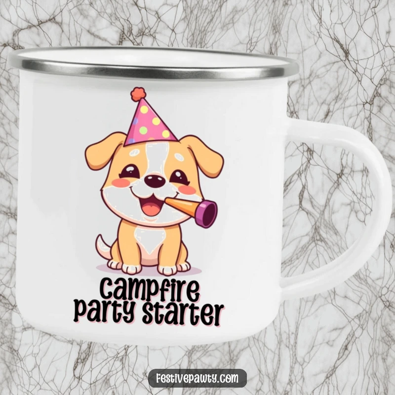 Funny dog wearing a party hat, blowing a noisemaker, on a sturdy camping mug, combining outdoor practicality with humorous celebration.