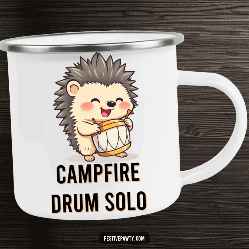 Funny hedgehog camping mug, joyfully drumming with sharp quills, perfect for outdoor adventures and humorous musical moments.
