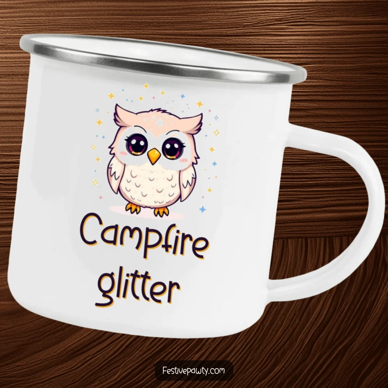 Funny Camping Mug: A surprised owl is showered with glitter, perfect for outdoor adventures and a dose of hilarious, sparkly fun.