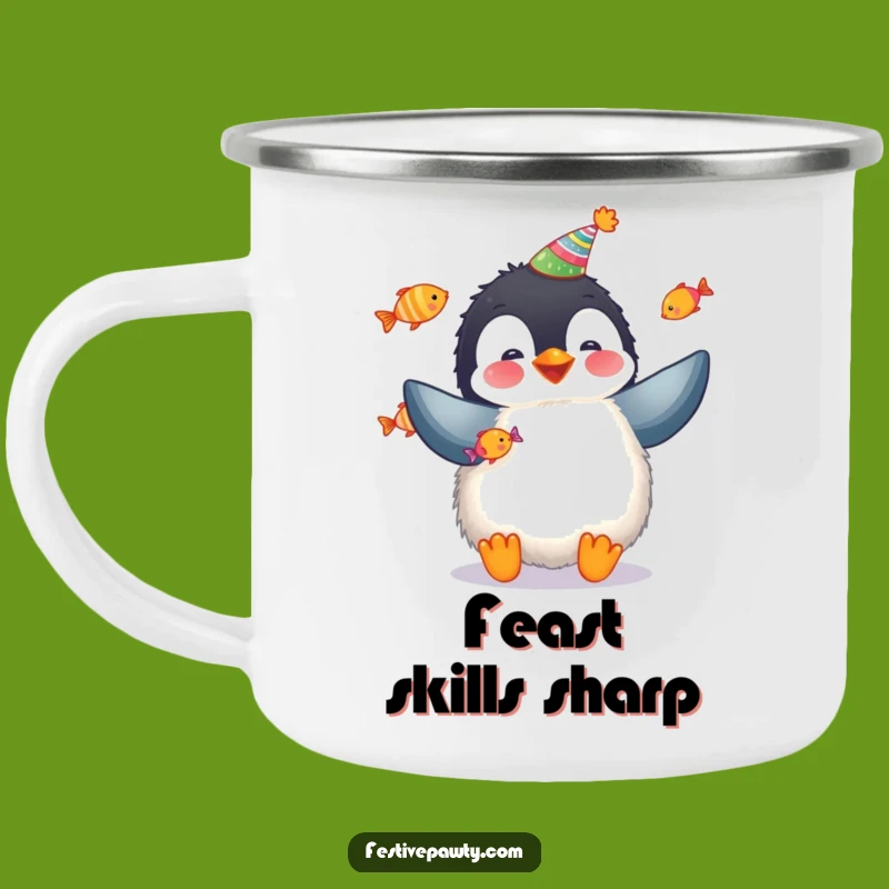 Funny Penguin Camp Mug: Fluffy Penguin Juggling Fish for Outdoor Parties