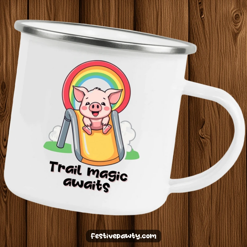 Funny Camping Mug: A joyful pig slides down a vibrant rainbow, perfect for outdoor adventures and a dose of lighthearted fun.