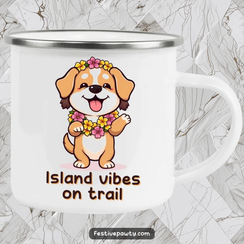 Funny camping mug with a playful dog wearing a flower lei, doing a relaxed hula dance, ideal for outdoors.