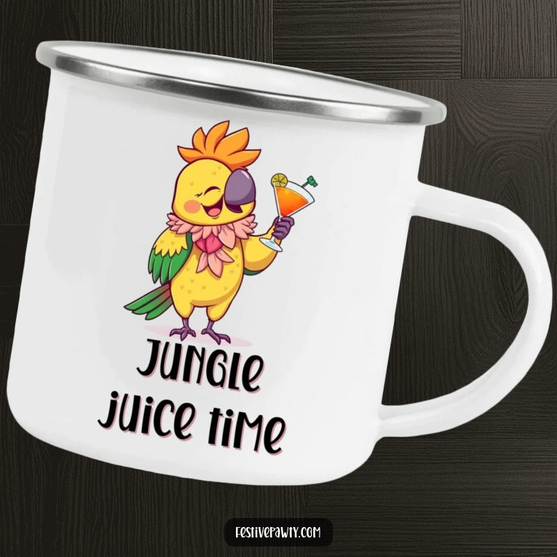 Funny Camping Mug featuring a giggling parrot in a feathered boa, dancing with a cocktail, built for adventure and radiating party vibes.